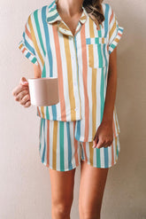 Multicolor Striped Turn-Down Collared Pajamas Set - Shah S. Sahota